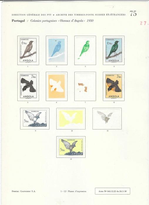 Angola 1951 Birds set of 24 on Courvoisier Archive pages, all imperf in finished or colour stages, a few values are duplicated and also on first page, No. 66, there are three photographic proofs of unissued values and colour trials for an unissued 40c. value. All in fine condition on the company’s archival pages, 137 examples. A unique item.
