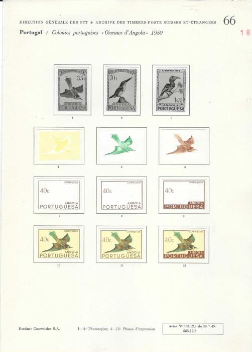 Angola 1951 Birds set of 24 on Courvoisier Archive pages, all imperf in finished or colour stages, a few values are duplicated and also on first page, No. 66, there are three photographic proofs of unissued values and colour trials for an unissued 40c. value. All in fine condition on the company’s archival pages, 137 examples. A unique item.