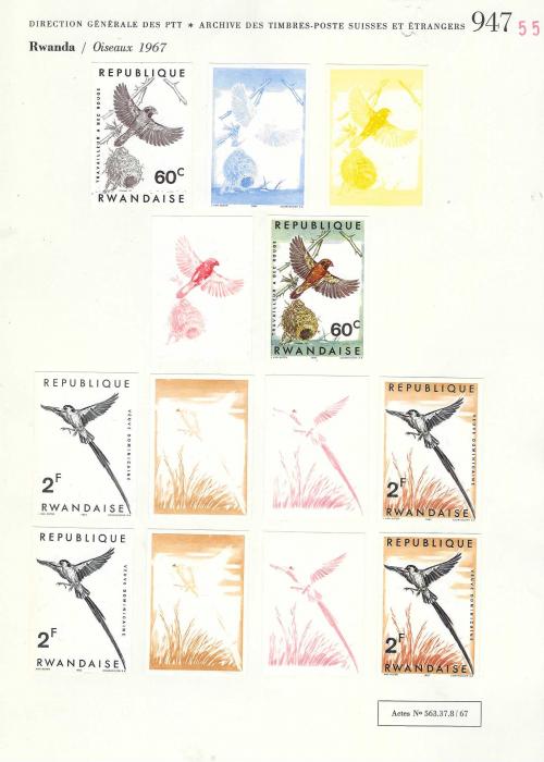 Rwanda 1967 Birds set of 10 on Courvoisier Archive pages, all imperf in finished or colour stages, a few values are duplicated or with very similar colours. All in fine condition on the company’s archival pages,  73 examples. A unique item.