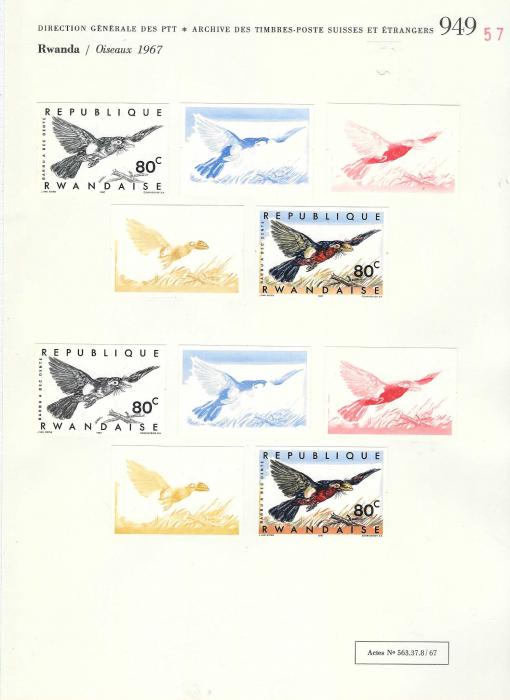 Rwanda 1967 Birds set of 10 on Courvoisier Archive pages, all imperf in finished or colour stages, a few values are duplicated or with very similar colours. All in fine condition on the company’s archival pages,  73 examples. A unique item.