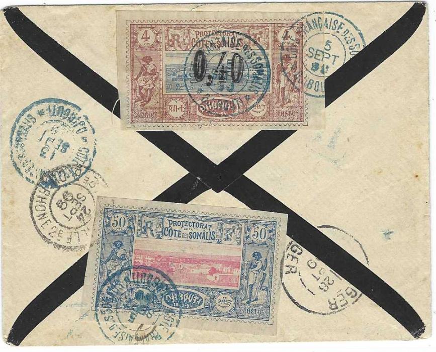 French Somali Coast (Djibouti) 1899 (5 Sept) registered mourning envelope to Algeria franked on reverse 1894-1900 50c. and 1899 ‘0,40’ on 4c. tied by blue Cote Francaise des Somalis Djibouti cds, Alger arrival cds; a fine combination.
