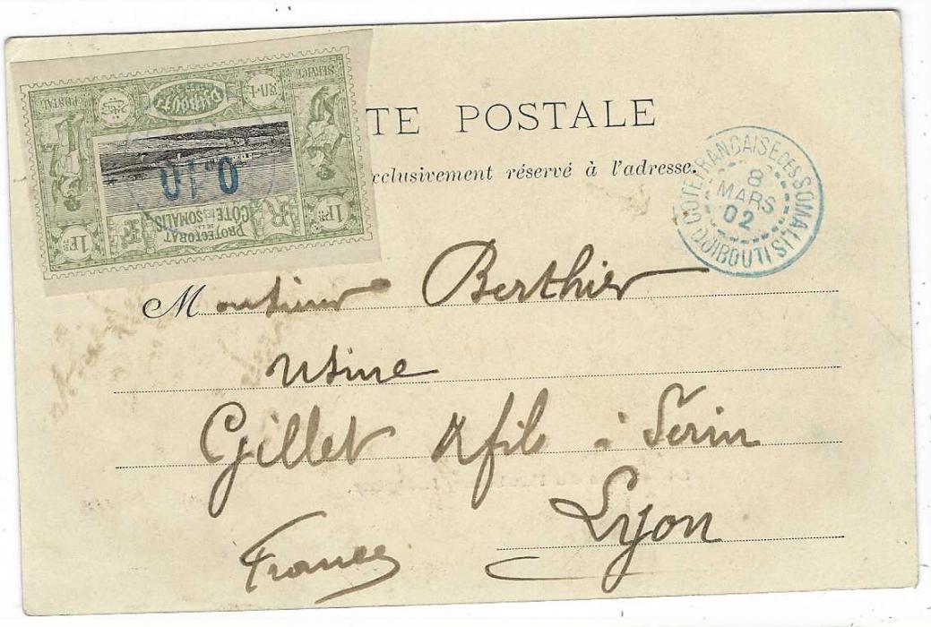 French Somali Coast (Djibouti) 11902 (8 Mars) picture postcard (Rue du Faubourg Indigene) to Lyon franked 1902 0,10 on 1f. cancelled by blue Cote Francaise des Somalis Djibouti cds with another fine strike at right