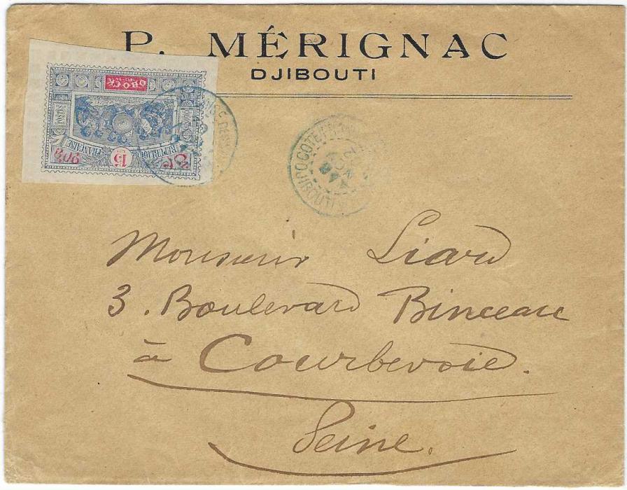 French Somali Coast (Djibouti) 1902 printed headed envelope to France franked Obock 1894 15c. tied by blue Cote Francais de Somalis Djibouti with a further strike alongside, arrival backstamp.