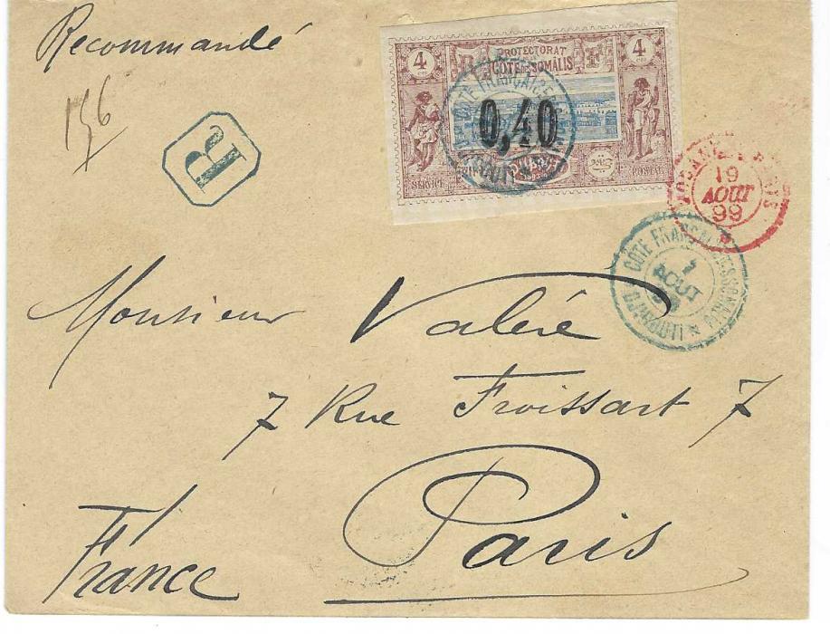 French Somali Coast (Djibouti) 1899 (1 Aout) registered cover to Paris franked 1899 ‘0,40’ on 4c. Cote Francais de Somalis Djibouti with a further strike alongside, also tied by red French internal transit; attractive cover with franking on front.