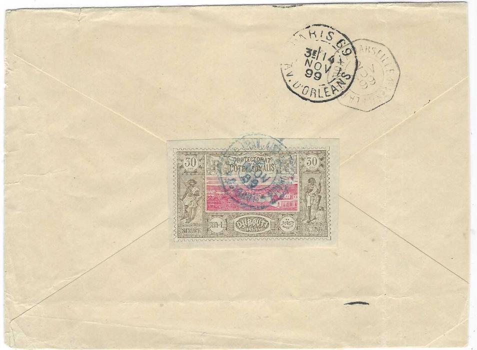 French Somali Coast (Djibouti) 1899 (2 Nov) cover to Paris franked 1899-1900 30c. tied Cote Francais de Somalis Djibouti  cds in blue, repeated on front, arrival backstamp; filing creases clear of stamp and envelope reduced at right.