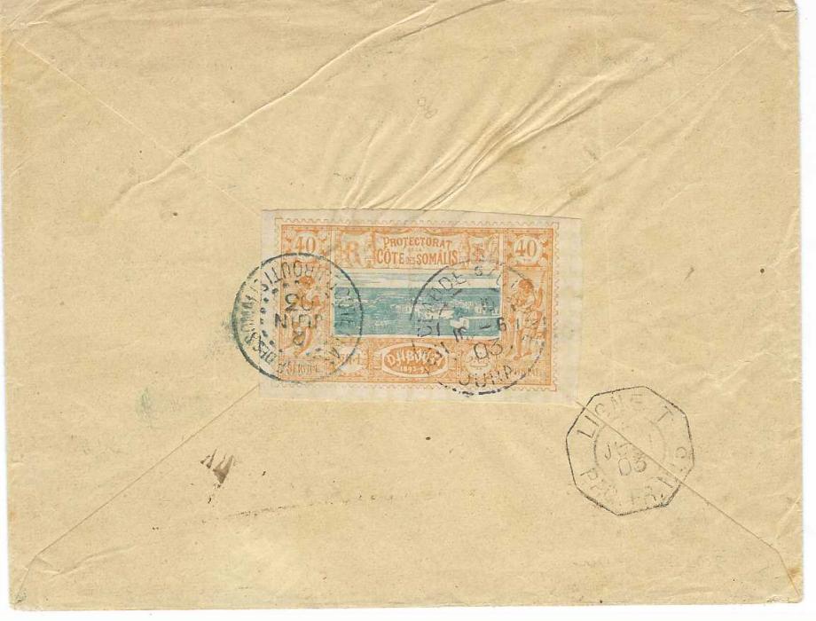 French Somali Coast (Djibouti) 1903 (2 Juin) registered cover to Jera, France franked on reverse 1900 40c. tied Cote Francais de Somalis Djibouti  cds in blue, arrival cancel on the stamp and maritime Ligne T Paq.Fr.No.5  date stamp to right; teo light vertical creases clear of the stamp.
