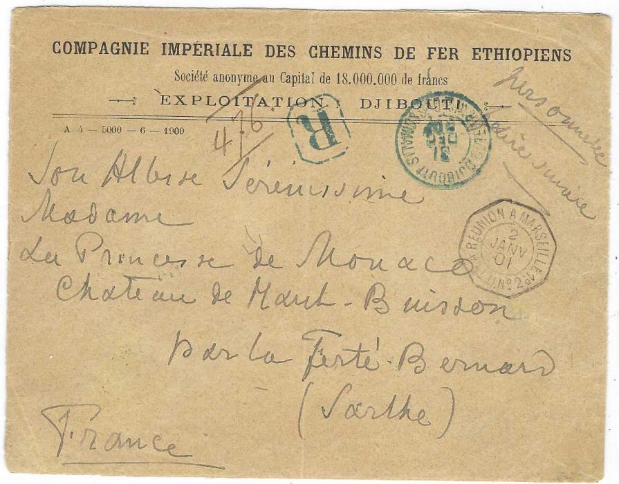 French Somali Coast (Djibouti) 1901 (31 Dec) registered “Compagnie Imperiale Des Chemins De Fer Ethiopiens” printed envelope to France franked on reverse 1894-1900 10c. (creased) and 30c. tied blue Cote Francais de Somalis Djibouti, arrival backstamps; light vertical filing crease clear of stamps.