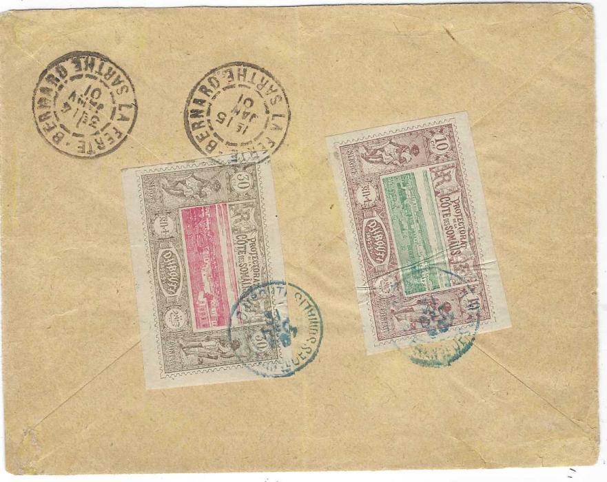 French Somali Coast (Djibouti) 1901 (31 Dec) registered “Compagnie Imperiale Des Chemins De Fer Ethiopiens” printed envelope to France franked on reverse 1894-1900 10c. (creased) and 30c. tied blue Cote Francais de Somalis Djibouti, arrival backstamps; light vertical filing crease clear of stamps.
