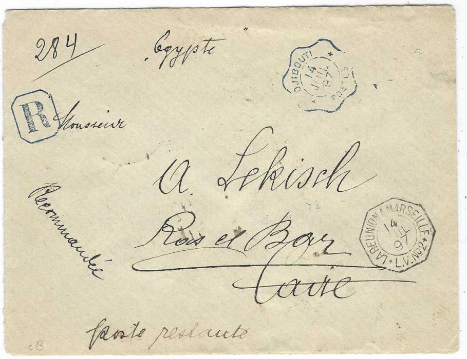 French Somali Coast (Djibouti) 1897 (14 Juil) registered cover to Poste restante, Cairo, franked on reverse with bottom marginal 50c. cancelled by multi-faceted Djibouti Postes date stamp which is repeated on front, La Reunion A Marseille L.V.No2 transit, arrival backstamp.