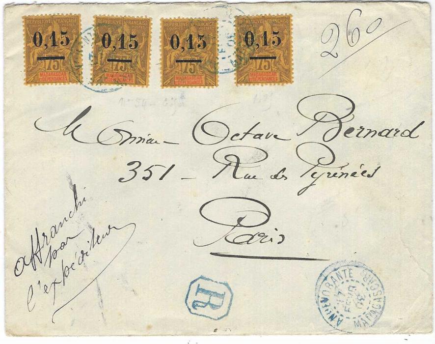 Madagascar 1903 (17 Fevr) registered cover to Paris franked four 1902 0,15 on 75c. tied by two Andevornte cds, repeated bottom right with framed ‘R’ at base, arrival backstamp.
