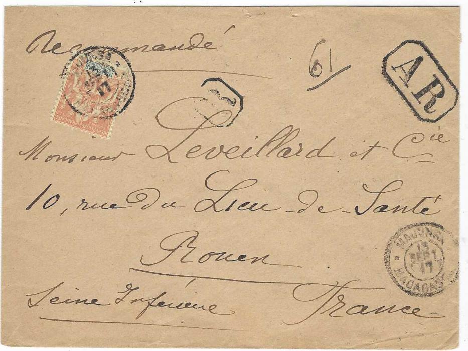 Madagascar 1917 (13 Sept) registered AR cover to Rouen bearing single franking 40c Sage tied by Majunga cds, repeated bottom right, framed ‘R’ and very fine framed ‘AR’, arrival backstamp.