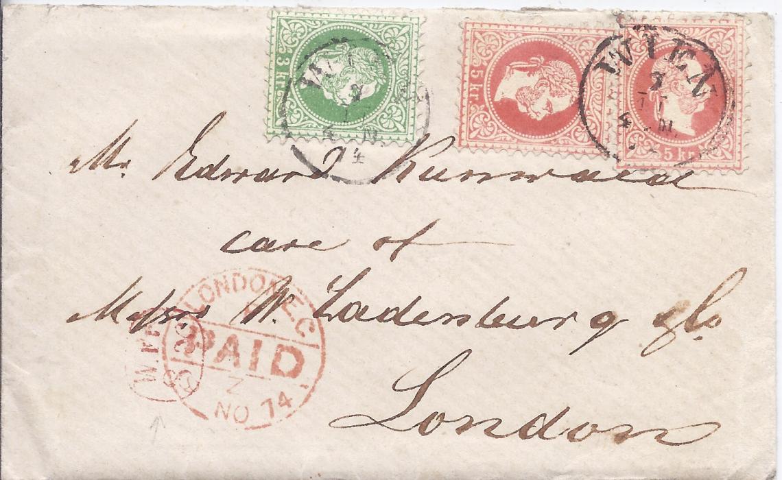 Austria 1874 cover to London franked 3Kr. and two 5Kr. tied Wien cds, small red framed W.Fr/ 8.x accountancy handstamp overstruck by arrival cds.