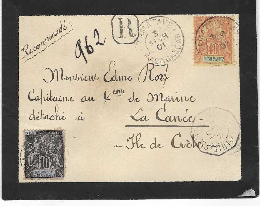 Madagascar 1901 (3 Fevr) registered mourning envelope to Crete franked 1896-99 10c. in combination with Diego Suarez 40c. tied Tamatave cds, faint octagonal maritime date stamp of same date at right, reverse with Port Said and Alexandrie transit cancels of French Post Office and La Canee Crete arrival (23 Fevr); fine condition, Ex. Grabowski.