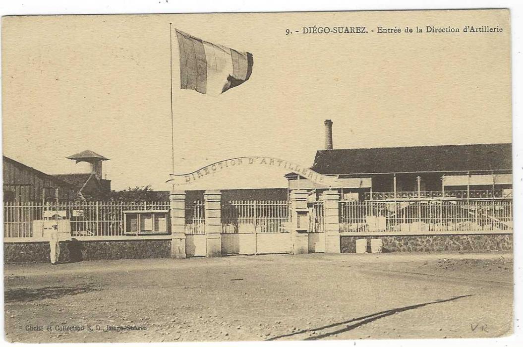 Madagascar 1910s picture postcard of Camp in Diego Suarez unfranked with large military cachet at left and Camp D’Ambre cds.