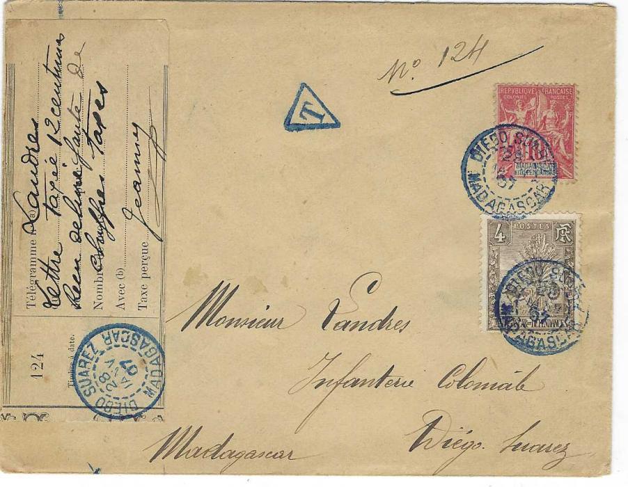 Madagascar 1907 (28 Janv) internal envelope addressed to “Infanterie Coloniale” franked 1900-01 10c. and 19034c. tied by blue Diego Suarez cds with matching triangular framed ‘T’, at left a telegramme receipt label affixed to envelope with the same cancel used as a postage due notice for 12c., a scarce usage.