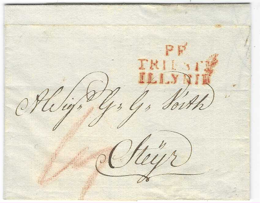 France (Napoleonic Mail) 1812 entire to Steyr, Austria, bearing red three-line handstamp ‘P.P./ TRIESTE/ ILLYRIE’; filing crease at top, otherwise fine and clean condition. 