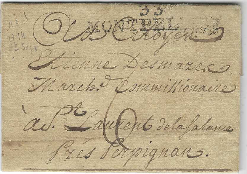 France (Napoleonic Mail) 1794 entire to village near Perpignan with 33/ MONTPELLIER despatch, reverse with three-line DEBOURSE/ ARMEE DES/ PYRENNES ORIEN...; a fair strike of a scarce cancel.