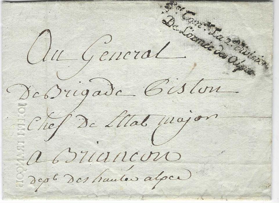 France (Napoleonic Mail) 1794 (June 9th) part printed entire ‘Armee Des Alpes 2nd Division’ from Chambery to General of Brigade Piston in Briancon, struck with two-line ‘Gal. Comdt. La 2nd division/ De L’armee des Alpes’ in black