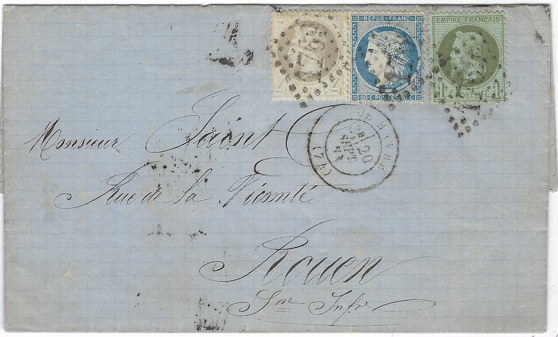 France 1871 (20 Sept) internal folded outer letter sheet to Rouen franked 1863-71 Laureated Napoleon 1c. and 4c. in combination with 1879-71 Ceres 20c. tied by ‘gros chiffres’ 1769 with Le Havre cds in assciation, arrival backstamp; small paper loss on reverse otherwise fine.