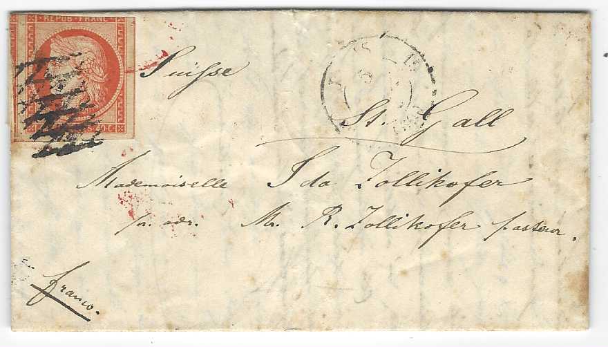 France 1852 small entire to St. Gallen, Switzerland, franked 40c. cut into at top with three other large margins showings parts of adjoining stamps, tied grille cancel, Paris despatch cds at right, reverse with Basel entry cds and arrival cds.