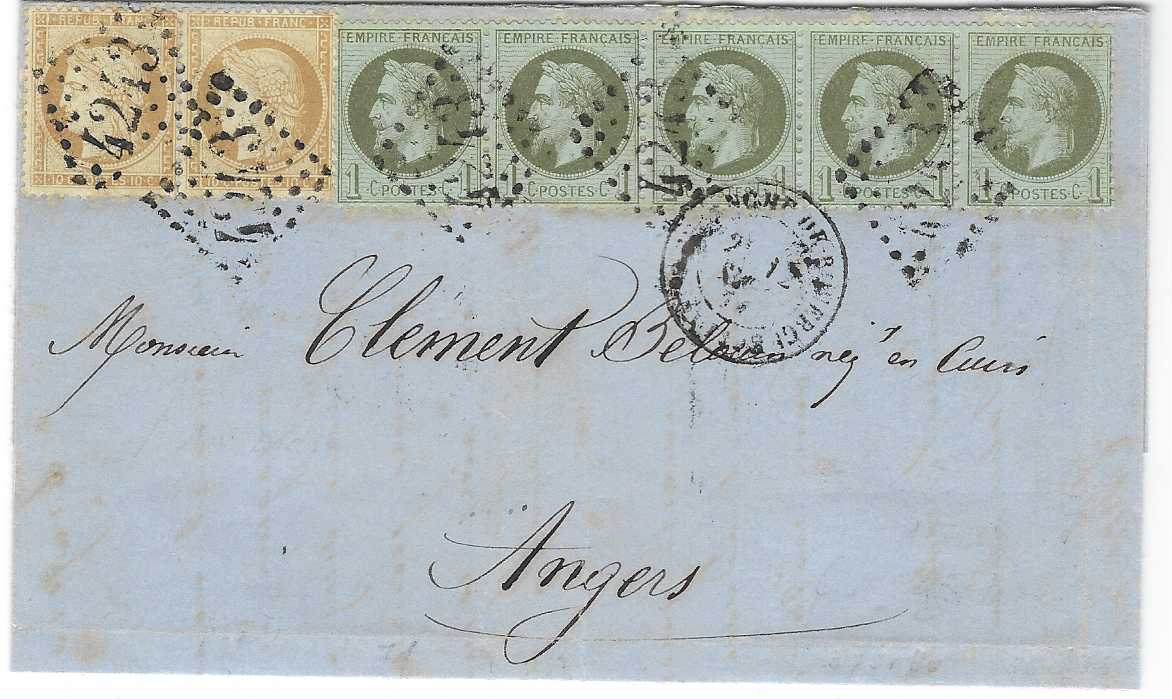 France 1871 (12 juil) internal entire to Angers bearing mixed franking 1863-71 Laureated Napoleon 1c horizontal strip of five and pair Ceres 10c. tied gros chiffres ‘4243’, transit and arrival backstamps.