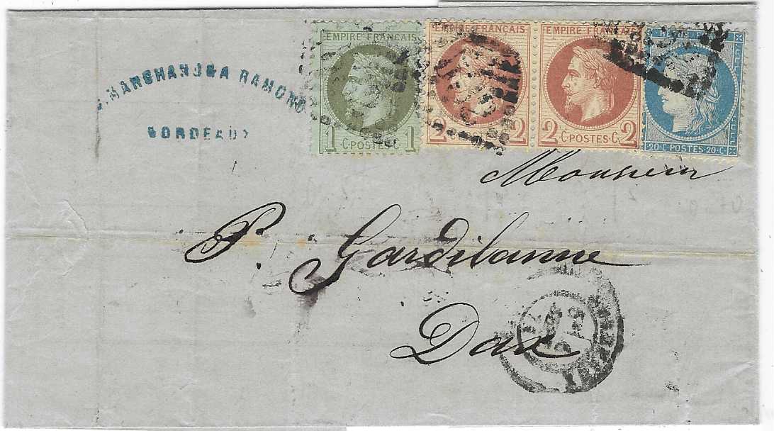 France 1871 printed entire to Dax franked 1863-71 Laureated Napoleon 1c. and pair 2c. plus Ceres 20c. cancelled gros chiffres ‘532’ with Bordeaux cds in association. Attractive three colour franking.