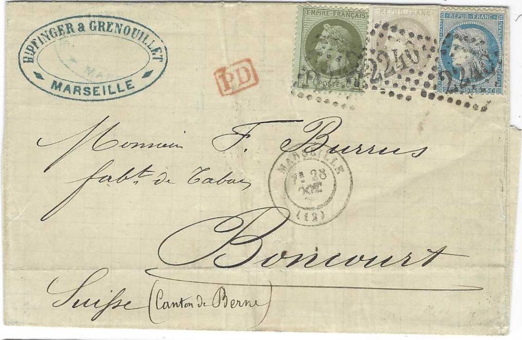 France 1871 printed entire to Dax franked 1863-71 Laureated Napoleon 1c. and pair 2c. plus Ceres 20c. cancelled gros chiffres ‘532’ with Bordeaux cds in association. Trimmed perfs  to 25c. and vertical creasing to entire, still an attractive three colour franking with some creases clear of stamps.