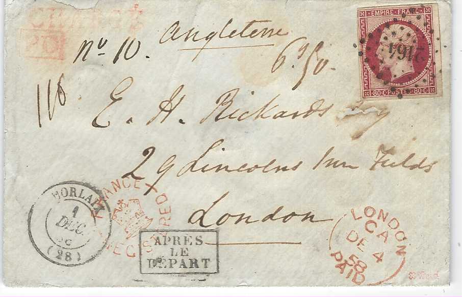 France 1858 (1 Dec) registered CHARGE cover to London franked 1853 imperf Napoleon 80c (four close to large margins) tied by petits chiffres ‘2164’, Morlaix cds in association, framed ‘Apres/ Le/ Depart’ and scarce ‘crown’ FRANCE REGISTERED in red, London Paid cds bottom right, reverse with three surviving wax seals and two French transits; some slight ink erosion not unduly detracting.