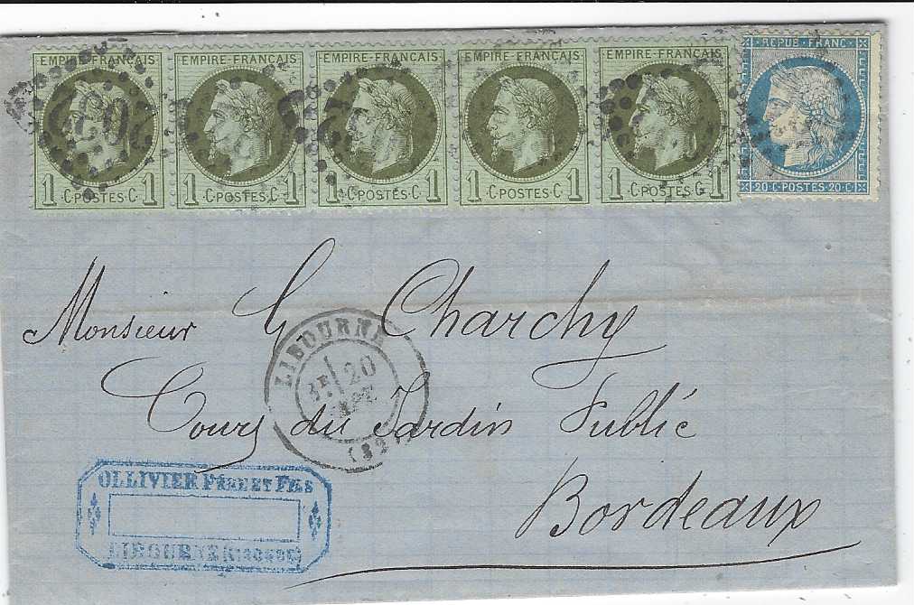 France 1871 (20 Sept) entire to Bordeaux  franked 1863-71 Laureated Napoleon 1c.  horizontal strip of five in combination with 1870-71 20c. tied by gros chiffres ‘2032’ with Libourne cds in association.