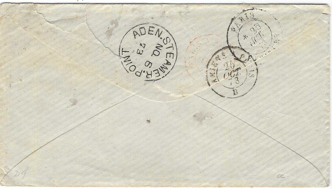 France 1873 (24 Oct) cover to Aden, endorsed “Via Brindisi” franked 1871-75 Ceres 25c. pair and 80c. tied gros chiffres ‘549’ with Boulogne-S-Mer cds in association, red framed PD, reverse with French transits and Aden .Steamer.Point arrival cds.