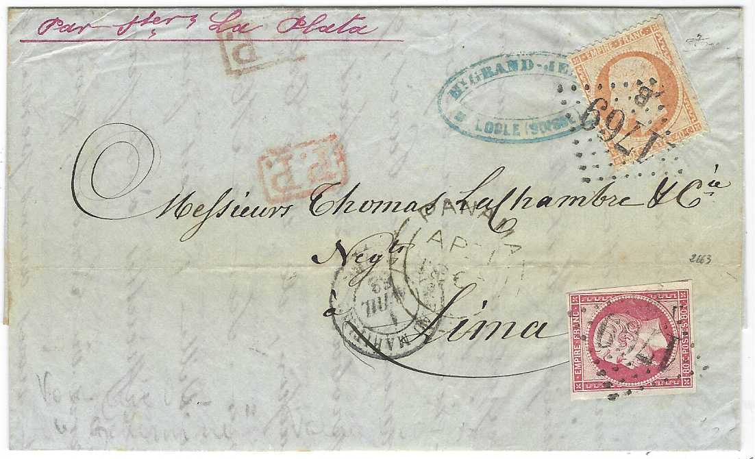 France 1863 entire written from Switzerland  with forwarding agents cachet from Locle (Suisse) to Lima, Peru, endorsed “Par Stmr La Plata”  franked with 1853 imperf  Napoleon 80c. (close to large margins) and 1862 perforated 40c.  tied gros chiffres ‘1769/ B’ with Bureau Maritime cds in association, two red framed P.P., Panama double arc transit at centre, reverse with manuscript “Acheminee/ par” CH. VIGNIER/ HAVRE, Lima arrival cds alongside.