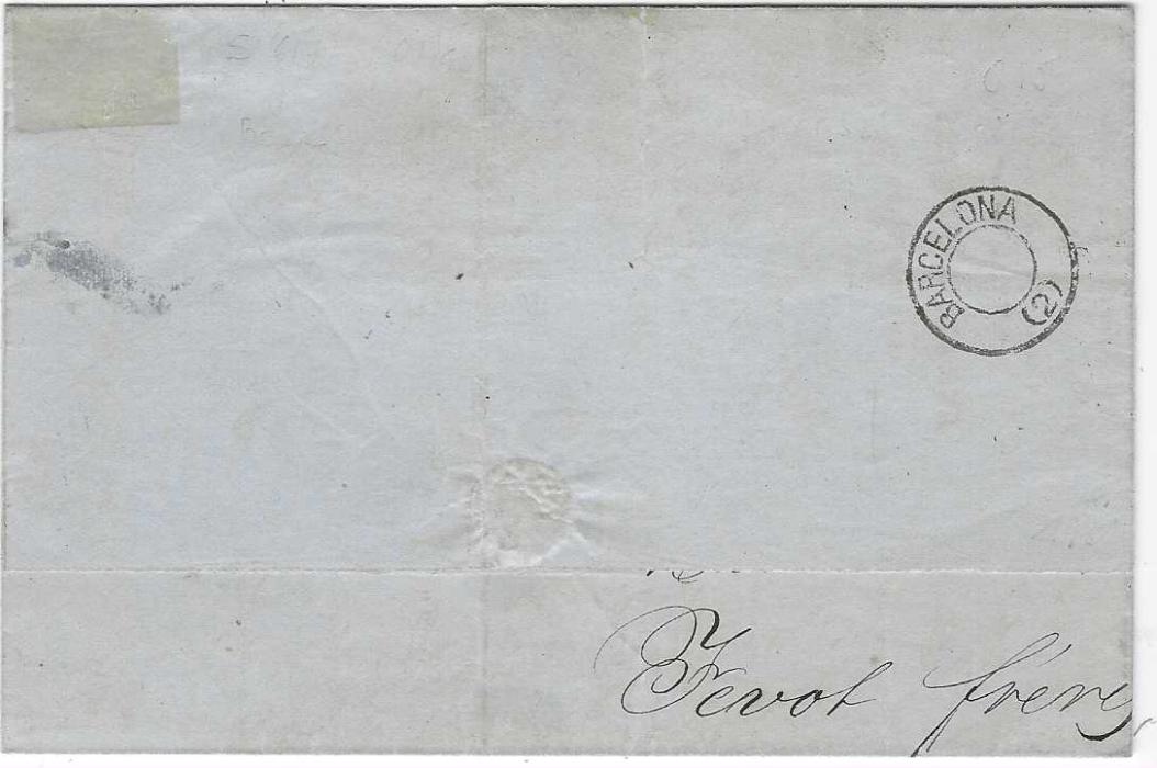 France 1876 (19 Julio) commercial entire to Barcelona, franked Ceres 30c. cancelled on arrival by Admon De Cambio Barcelona 010 handstamp, small undated  Barcelona 2 backstamp; fine and fresh.