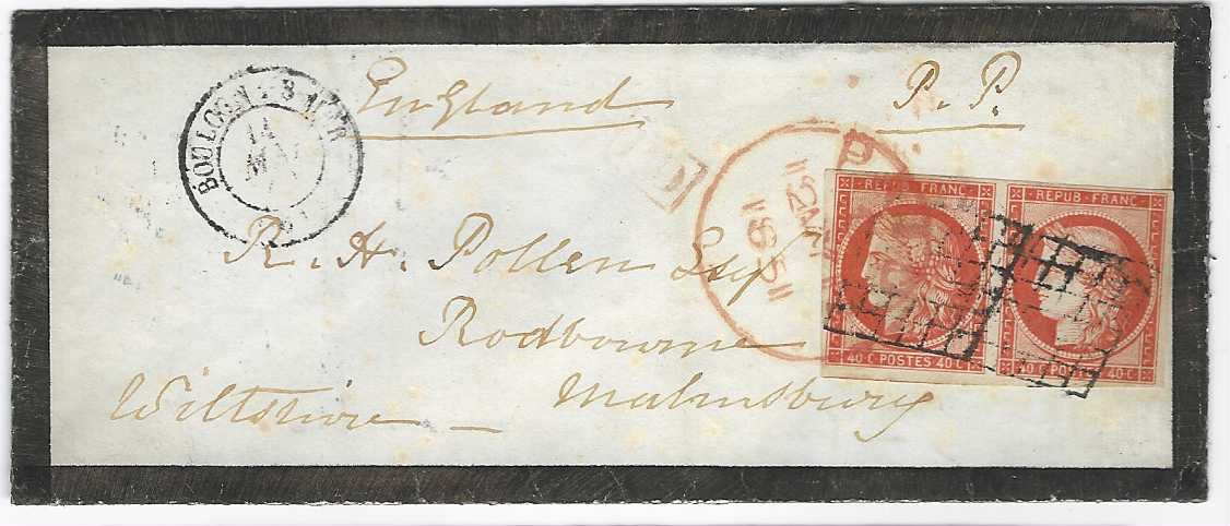 France 1851 (14 Mai) mourning cover to England franked horizontal pair of 1849-50 40c. with close to good margins all round cancelled by two grille handstamps and British Paid cds, Boulogne S Mer cds at left, arrival backstamp; some very slight toning but still a fine and attractive first issues cover.