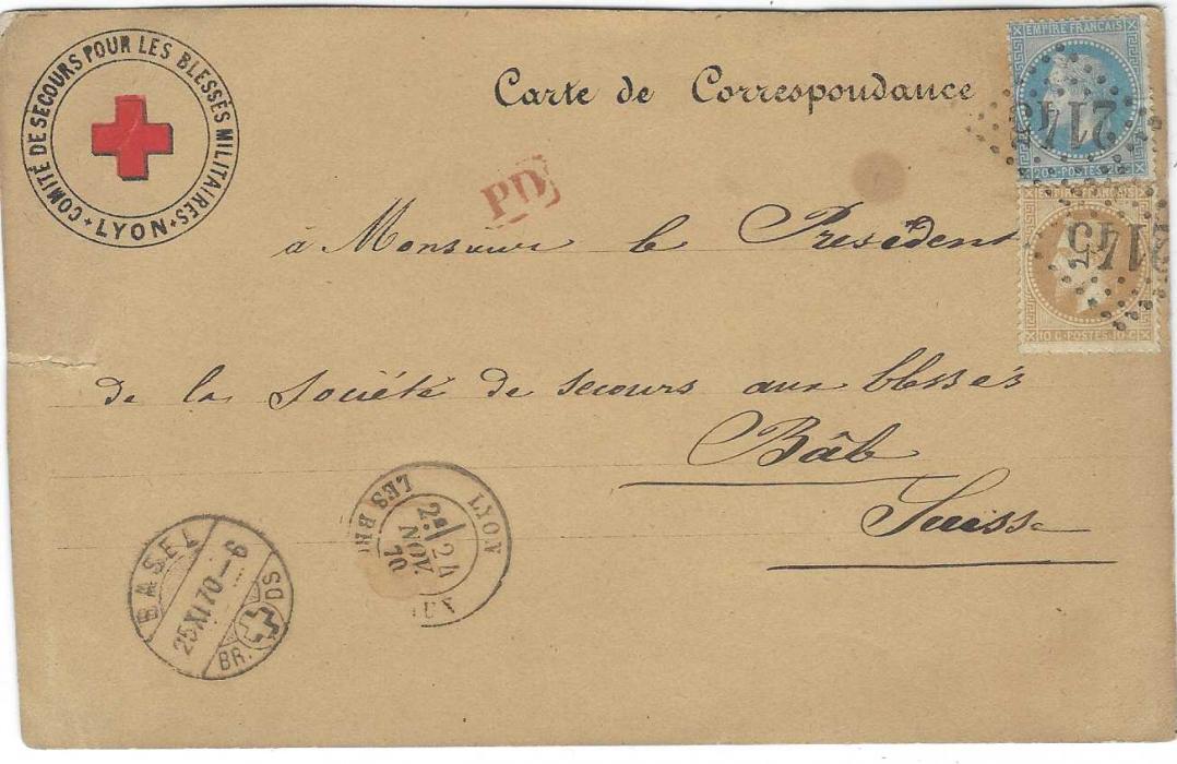 France (Franco-Prussian War) 1870 Red Cross card of Lyon, franked 1863-71 Laureated Napoleon tied by ‘2145’ gros chiffres with Lyon date stamp in association, addressed to the Red Cross at Basle. On reverse Geneve-Culoz tpo cds, as well as message from french prisoner at Neuf-Brissac (Neubreisach, Germany).