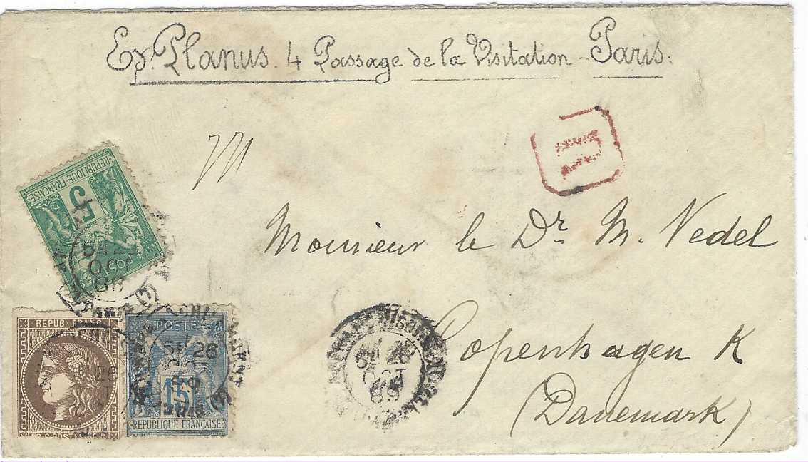 France 1889 (26 Oct) registered cover to Copenhagen, Denmark, franked 1870 Bordeaux 30c. (cut into at base) together with ‘Sage’ 5c. and 15c. cancelled with Paris date stamps. Arrival backstamp, some pen annotations on reverse. A very unusual combination.