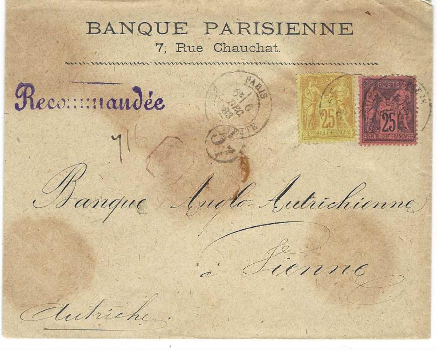 France 1883 (6 Dec) registered cover to Vienna franked 1877-88 ‘Sage’ 25c. (2) in both colours, cancelled Paris date stamps. An unusual franking of the same value from different printings.