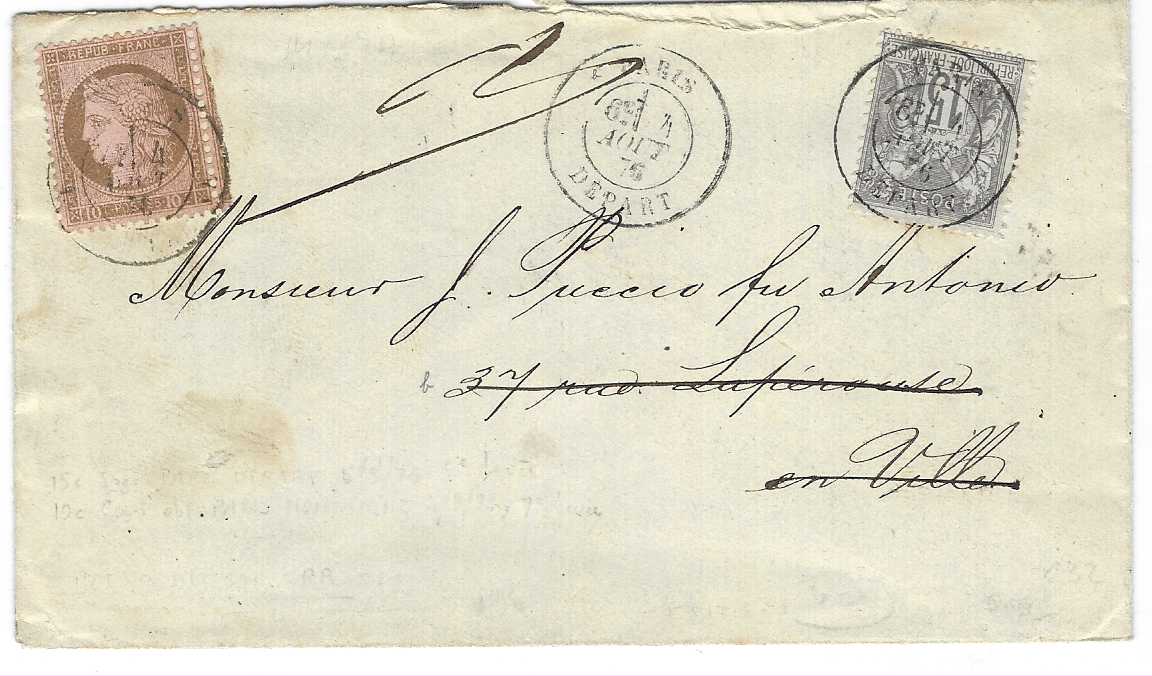 France 1876 (4 Aout) local Paris envelope franked 1876 15c. ‘Sage’ tied Paris Depart cds, redirected to Neuilly-s-Seine and refranked 1871-75 10c. Ceres cancelled Paris Montaigne 7 Levee date stamp.