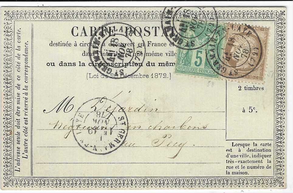 France 1878 (18 Nov) formula postcard used within St Germain En Laye bearing mixed franking 1875 Ceres 10c. and 1876 ‘Sage’ 5c. tied cds; scarce mixed franking on formula stationery.