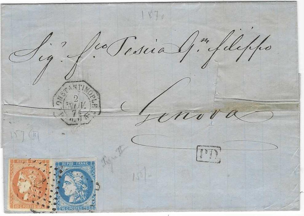 French Levant (Disinfected Mail) 1871 outer letter sheet to Genova, franked ‘Bordeaux’ 20c. and 40c. with close to large margins, cancelled by ‘anchor’ lozenge, octagonal maritime Constantinople Paq. Fr. No.3 date stamp, framed PD, with two disinfection slits, reverse with Messina transit.