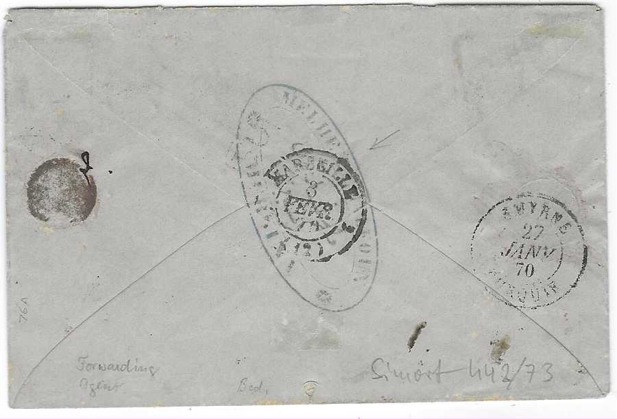 France (Tarsous) 1870 envelope to Marseille franked 1863-71 Laureated Napoleon 40c. tied by gross chiffres ‘5092’ with Mersina dotted circle date stamp in association, oval company cachet at base and Mersina forwarding agent on reverse, Smyrne transit and arrival cds.