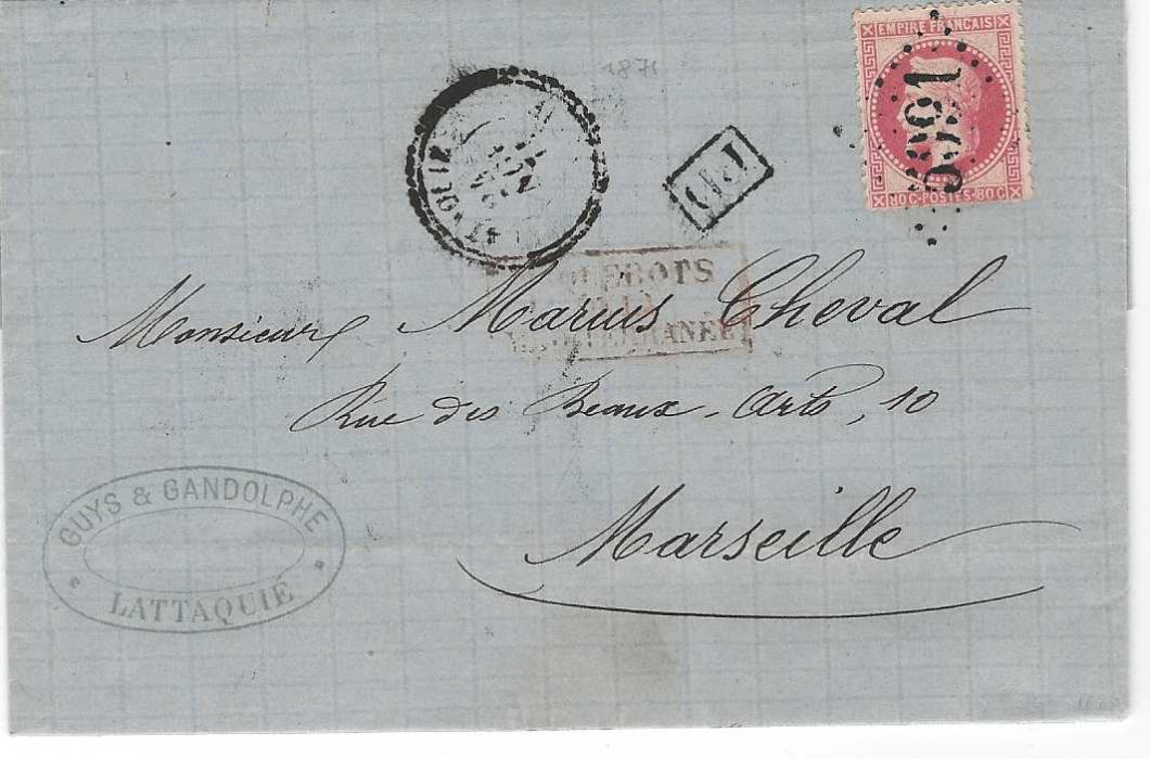 French Levant (Syria) 1871 entire to Marseille franked 1863-71 Laureated Napoleon 80c. tied ‘5091’ gross chiffres with Lattaquie cds in association, framed PD and red maritime handstamp, reverse with Smyrne transit and arrival cds.