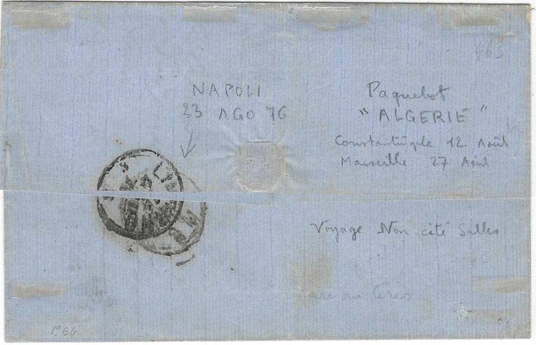 French Levant (Volo) 1876 outer letter sheet to Livorno with ‘C.Zopoto&Cie Volo’ company chop at left, franked France 30c. Ceres tied by straight-line ‘Col Postali  Francesi’ handstramp,  Calves handstamp below stamp; fina and rare.