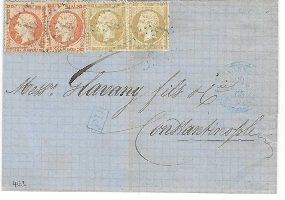 French Levant (Bulgaria) 1865 outer letter sheet to Constantinople franked France 1862 10c. (2) and 40c. (2) Napoleon tied blue ‘5103’ gros chiffres with Varna  Turq. D’Europe and framed PD in same ink, arrival backstamp.
