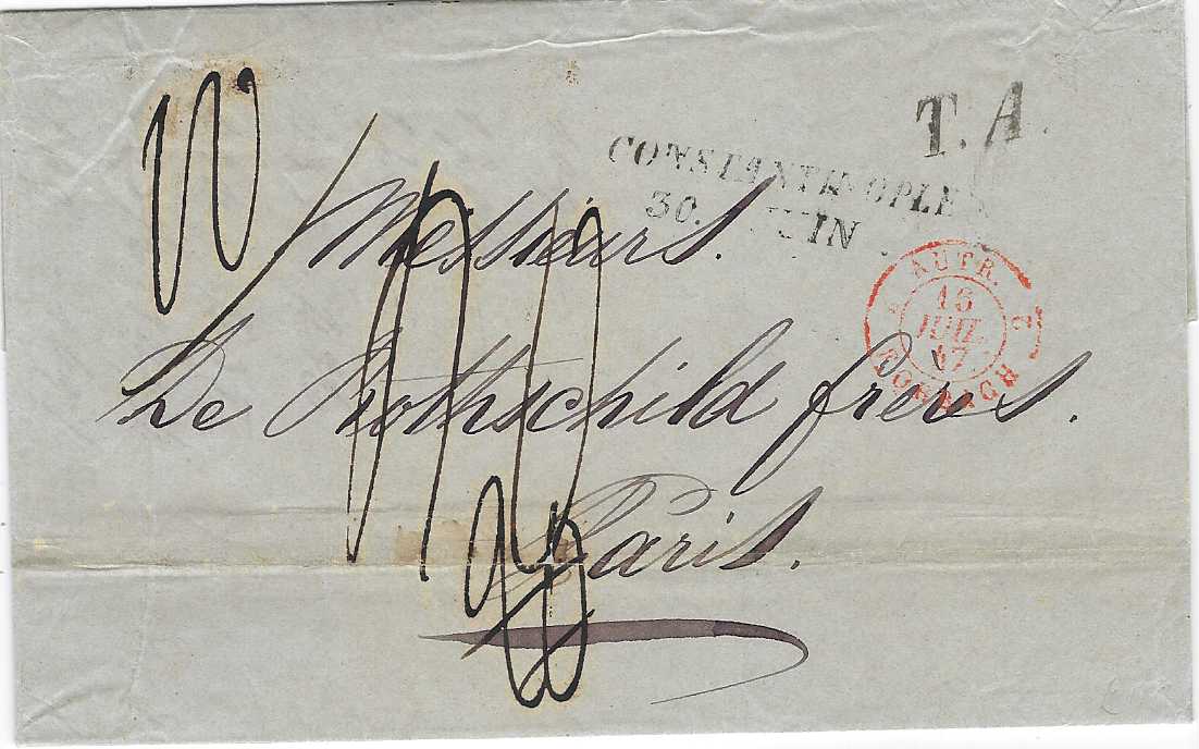 French Levant (Disinfected Mail) 1847 entire to Paris with various manuscript rates, Constantinople/ 30 JUIN two-line handstamp, T.A. (Austrian transit) and red French entry cds, reverse with disinfection cachet across flap; filing crease at base.