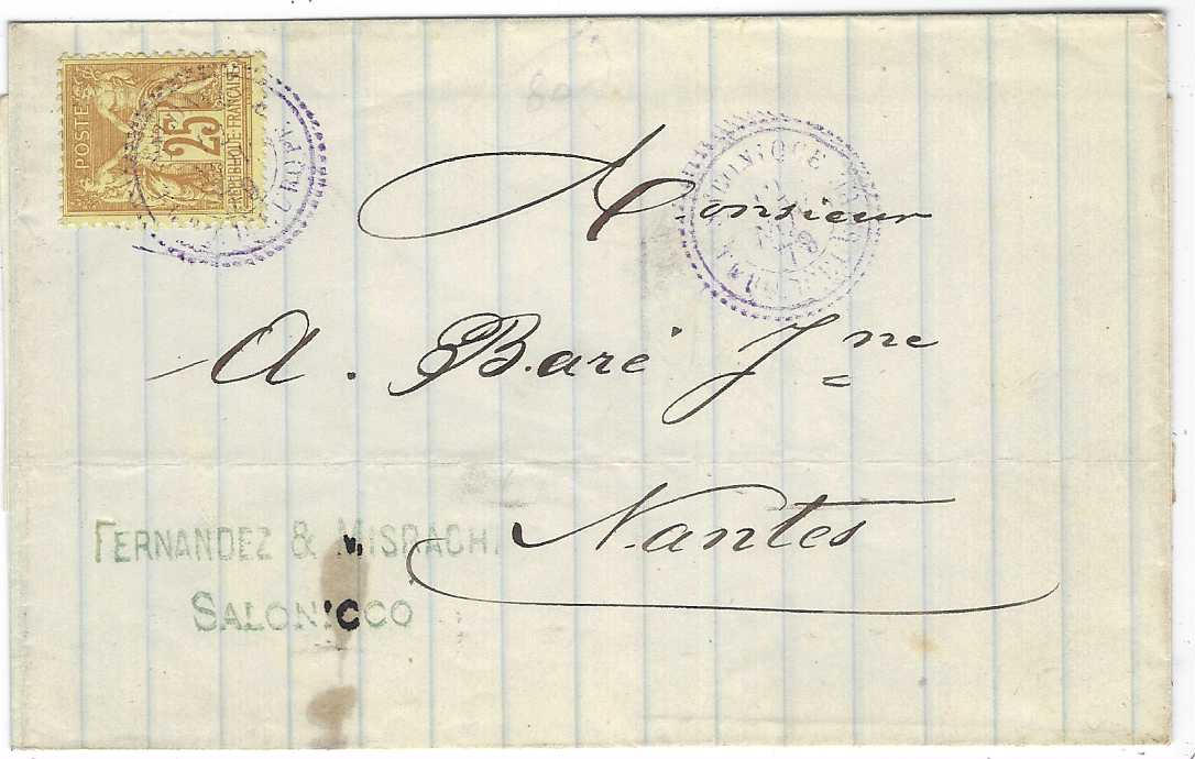 French Levant 1879 outer letter sheet to Nantes franked ‘Sage’ 25c. tied by violet Salonique Turquie d’Europe cds, arrival backstamp; slight stain bottom left.