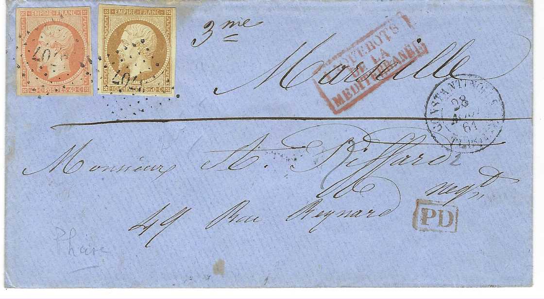French Levant 1861 (28 Aout) cover to Marseille franked 1853 Imperf Napoleon 10c. and 40c. (close to good margins) tied petits chiffres ‘3707’ with at right Constantinople Turquie cds, red framed PAQUEBOTS/ DE LA/ MEDITERRANEE and PD, arrival backstamp.