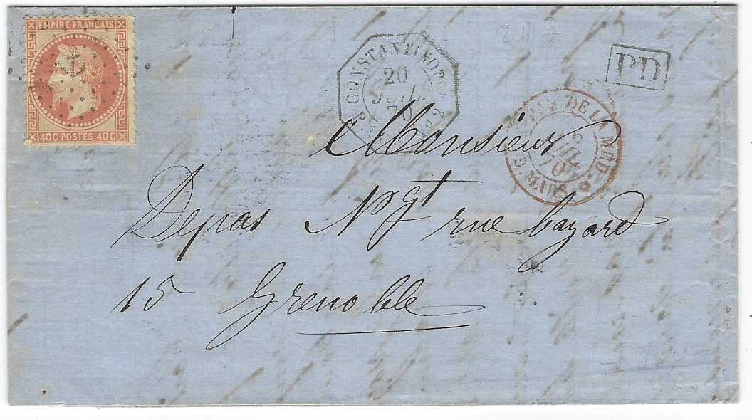 French Levant 1872 (20 Juil) entire to Grenoble franked 1863-71 40c. tied ‘anchor’ lozenge with octagonal Constantinople P. Fr U. No. 2, red French maritime entry cds of Marseille, arrival backstamp.