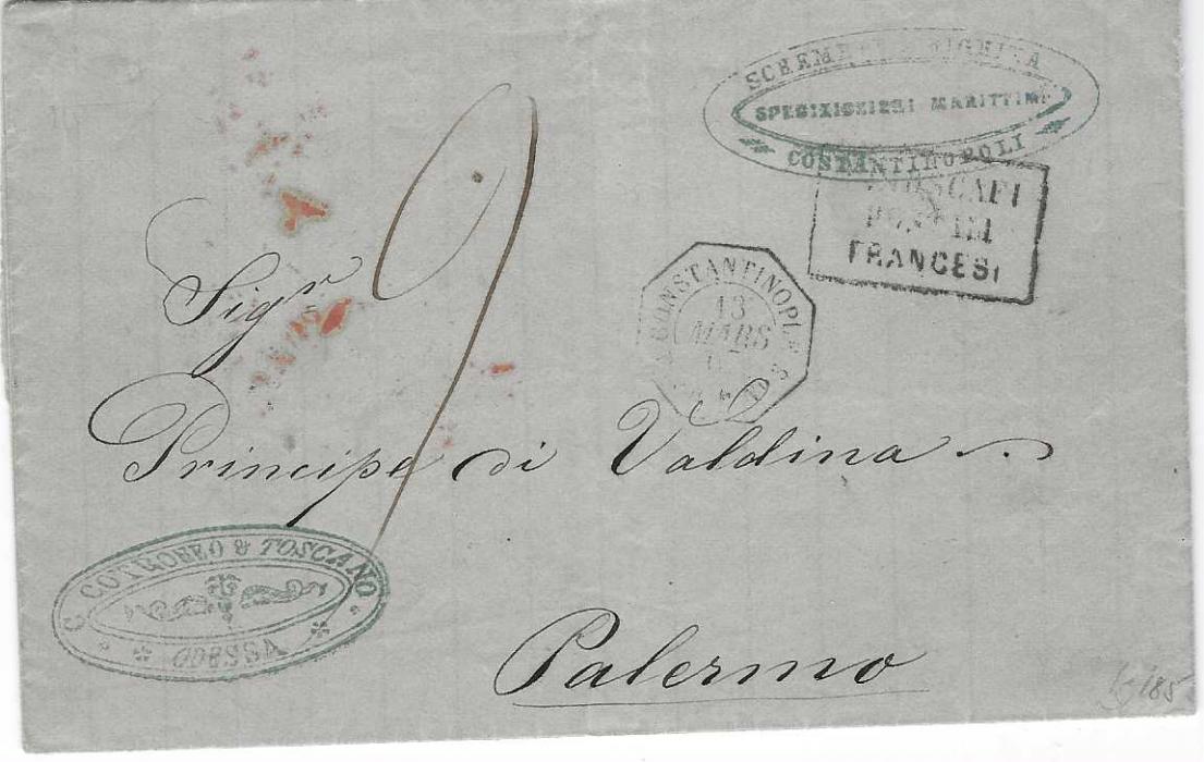 French Levant 1867 entire from Odessa with fine company chop bottom left, forwarded to Constantinople with agents handstamp at top, addressed to Palermo, sicily and carried on French ship with octagonal Constantinople P.Fr. U No.3, framed Italian PIROSCAFI/POSTALI/FRANCESI handstamp, reverse with Messina transit and arrival date stamps.
