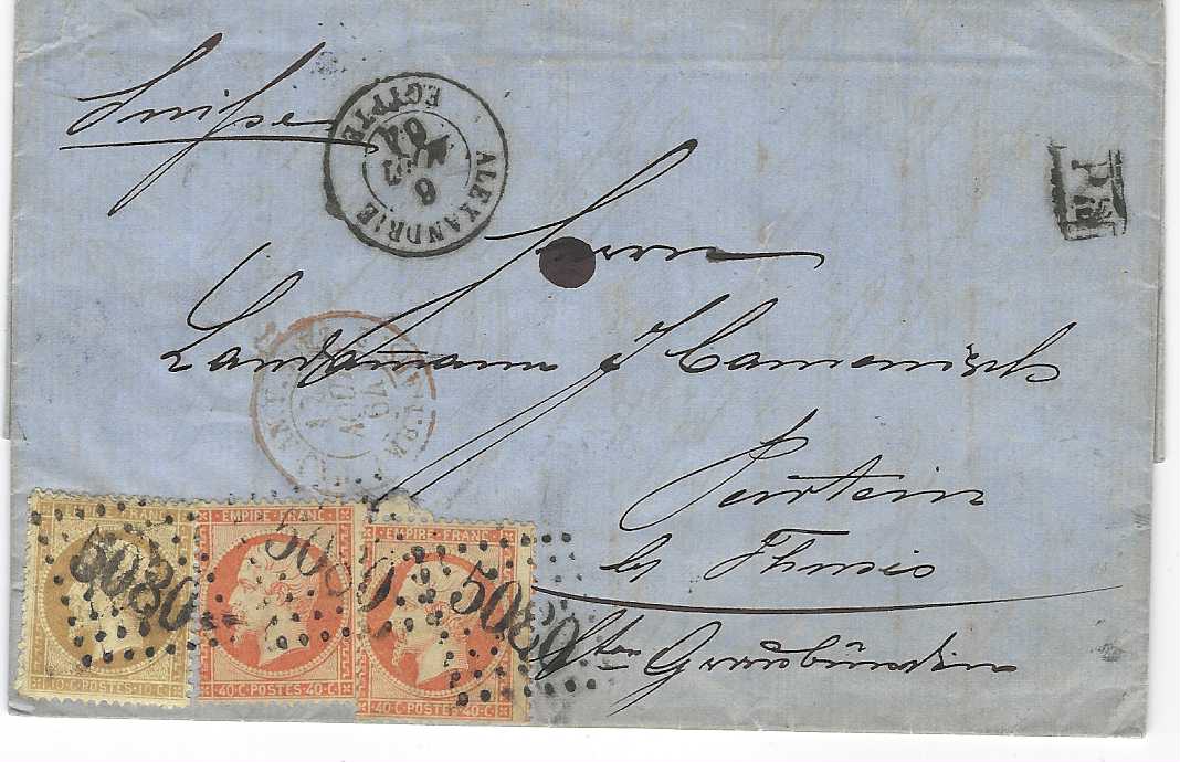 French Levant (French Post Offices) 1864  entire to Switzerland franked 1862 10c. and 40c. (2) tied by gros chiffres ‘5080’ with Alexandrie Egypte cds in association, arrival backstamp.