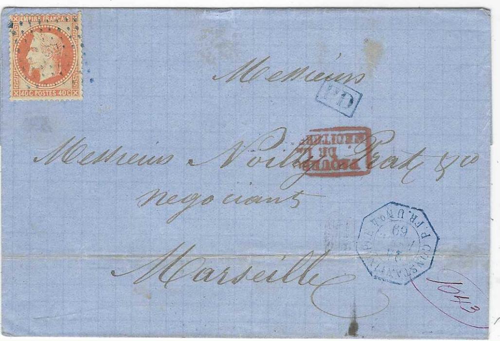 French Levant 1869 outer letter sheet to Marseille franked 1863-71 Laureated Napoleon 40c. tied by blue ‘anchor’ lozenge with framed PD and octagonal Constantinople P.Fr.U No.4 date stamp in same ink, red framed PAQUEBOTS/ DE LA/ MEDITERRANEE, arrival backstamp.